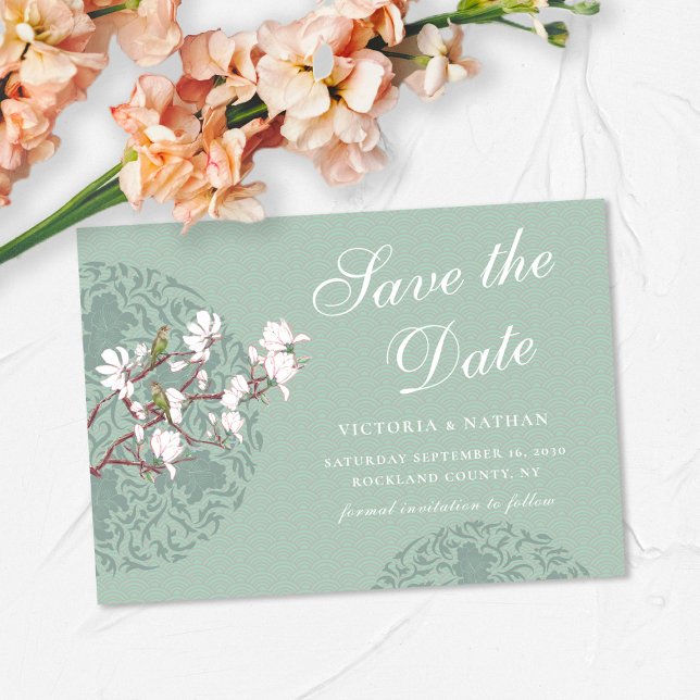 Convite Magnético Chinoiserie Verde com Sage Horizontal (Criador carregado)