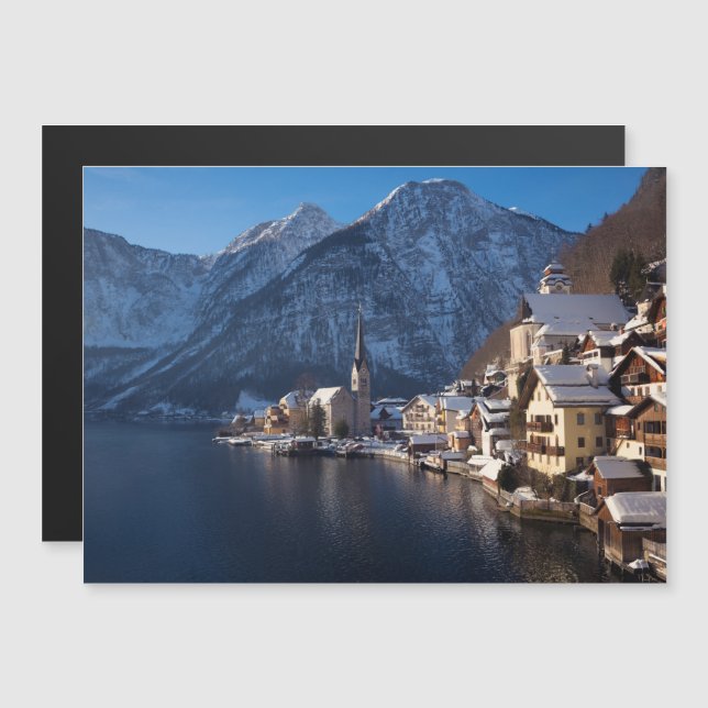 Convite Magnético Cidade de Hallstatt na neve no inverno (Frente/Verso)