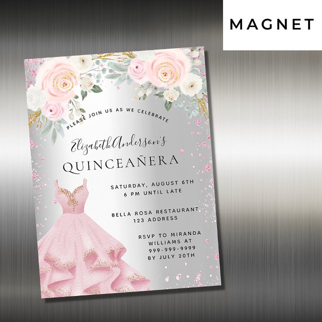 Convite Magnético Cinzas cor-de-prata de Quinceanera, luxo (Criador carregado)