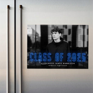 Convite Magnético Classe de Neon Azul Moderno de Graduação de Foto