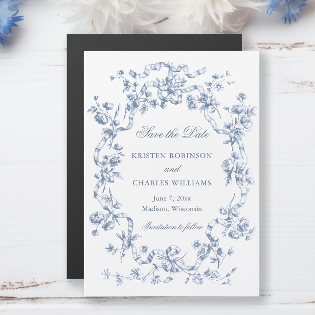 Convite Magnético Classic Dusty Blue Flowers & Ribbons Save the Date (Criador carregado)