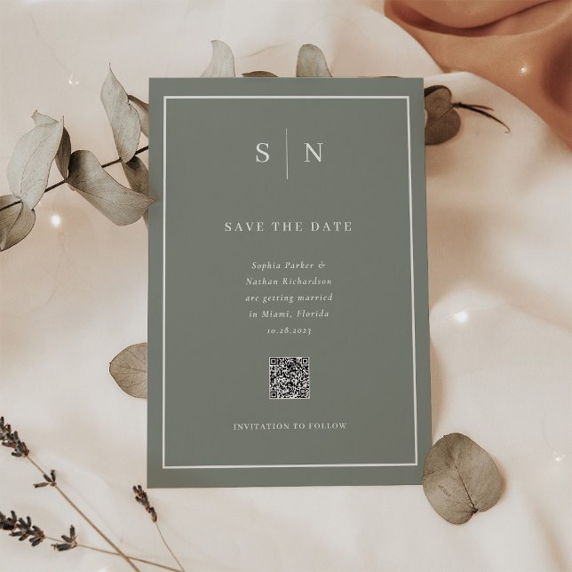 Convite Magnético Código QR Verde do Sage Mínimo e Chic Salve a Data (A sage green magnetic save the date card, with scannable QR code)