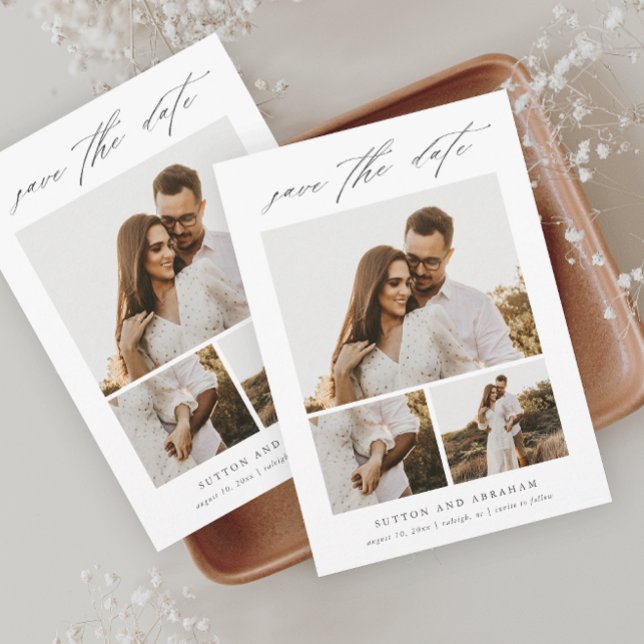 Convite Magnético Colagem de Fotografias do Script 3 Elegante Modern (Modern Elegant Script 3 Photo Wedding Save the Date Magnetic Card.)