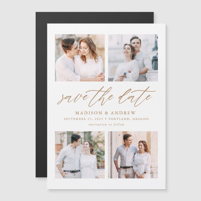 Convite Magnético Colagem de Fotografias Dourada Elegant Script 4 Gu (Frente/Verso)