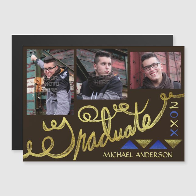Convite Magnético Colagem de Fotografias Faux Dourada de Graduação 2 (Frente/Verso)