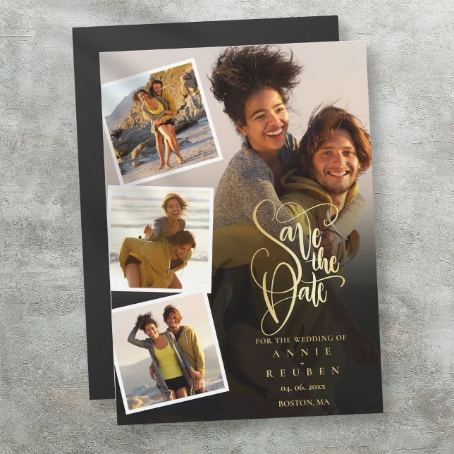 Convite Magnético Colagem de Fotos Casamento Dourado Salvar a Data (Photo Collage Wedding Gold Save The Date Magnetic Invitation)