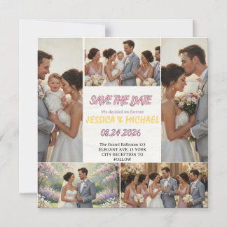 Convite Magnético Colagem de Fotos de Casamento de Trio Familiar Sal