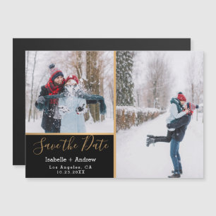 Convite Magnético Colagem de Fotos Preta Elegante Dourada Salvar a D