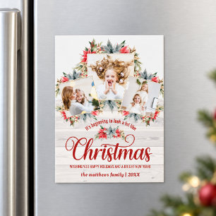 Convite Magnético Colagem de Natal de Foto de Poinsettia em Shiplap