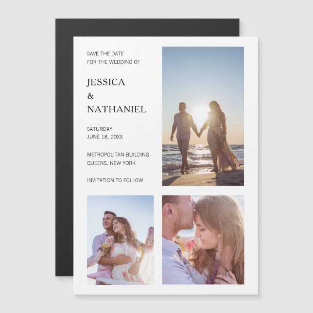 Convite Magnético Colagem de três fotos brancas modernas Salve a dat (Frente/Verso)