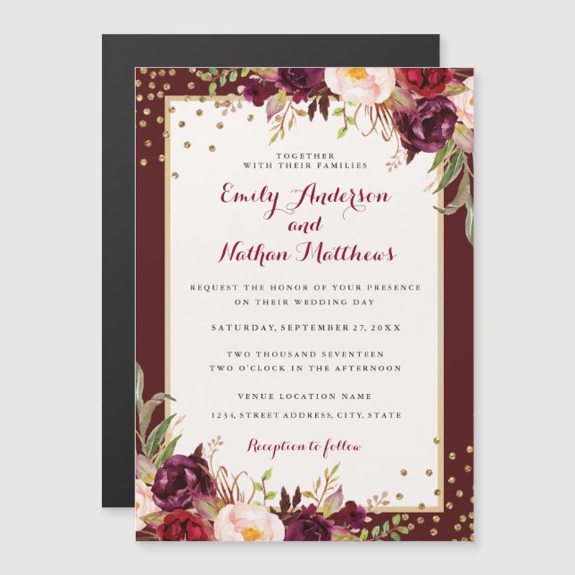 Convite Magnético Confete Floral Dourado de Casamento (Frente/Verso)