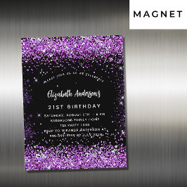 Convite Magnético Confetti preto-roxo de aniversário