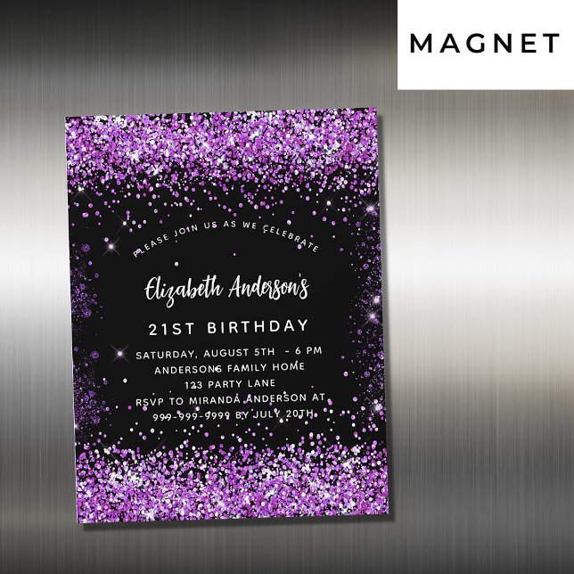 Convite Magnético Confetti preto-roxo de aniversário (Criador carregado)
