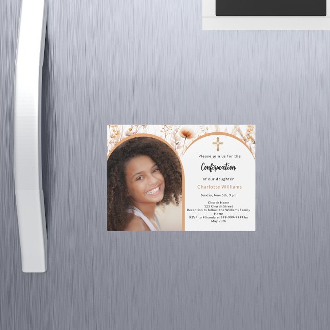 Convite Magnético Confirmação do arco de fotos do pêssego rosa gold  (Criador carregado)