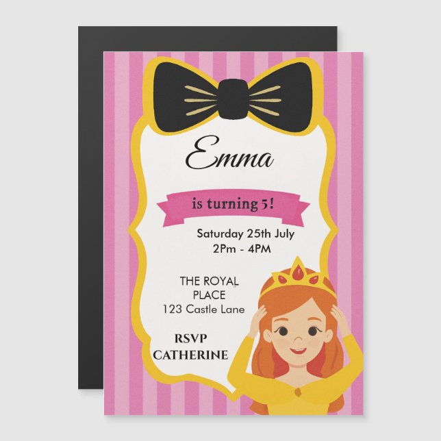 Convite Magnético Convidado de aniversário da Princesa Rosa | zazzle (Frente/Verso)