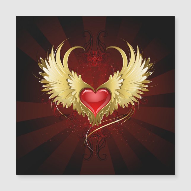 Convite Magnético Coração Vermelho com Asas Ouros (Frente)