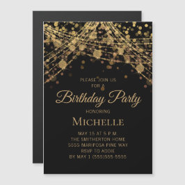 Convite Magnético Corda Dourada Negra Ilumina Aniversário das Mulher