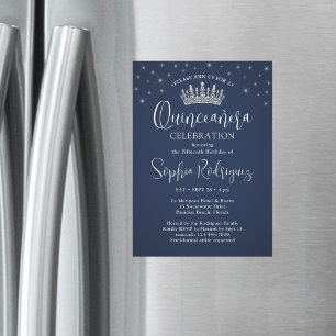 Convite Magnético Coroa de Quinceañera Elegantes Faíscas Azul Naval
