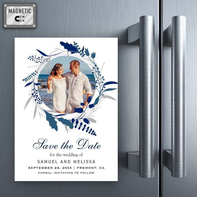Convite Magnético Coroa Floral Azul Foto Casamento Salve a Data (Criador carregado)