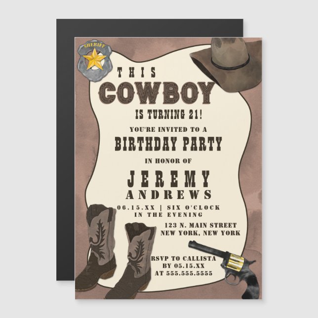 Convite Magnético Country Brown Cowboy Watercolor Aniversário (Frente/Verso)