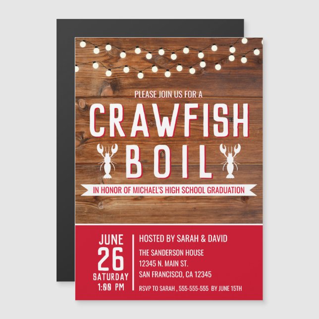Convite Magnético Crawfish Boil Graduation Seafood Party (Frente/Verso)