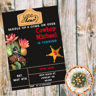 Convite Magnético Crianças Wild West Cactus Birthday Boy