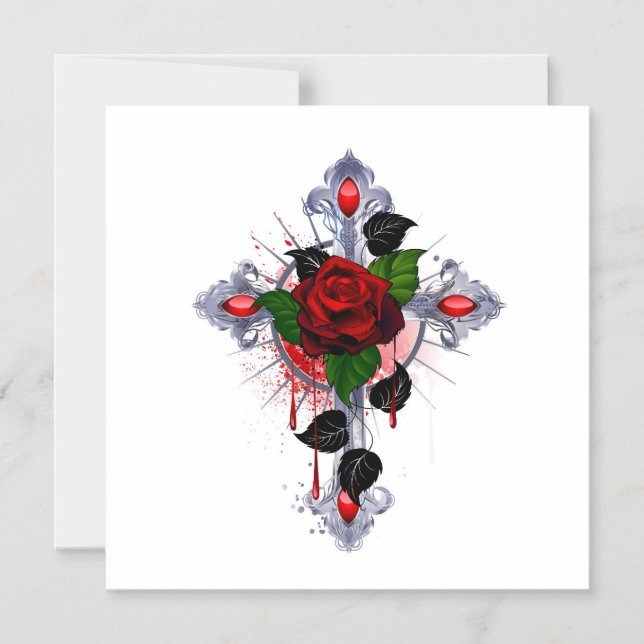 Convite Magnético Cruz de Prata com Rosa vermelha (Frente)