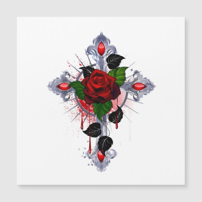 Convite Magnético Cruz de Prata com Rosa vermelha (Frente)