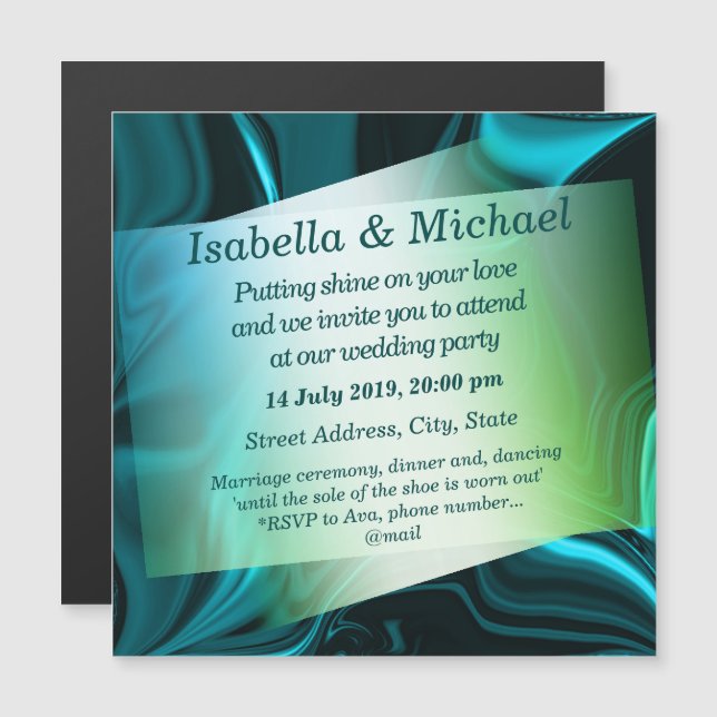 Convite Magnético Curvas ciano-claras e escuras sobre fundo escuro (Frente/Verso)