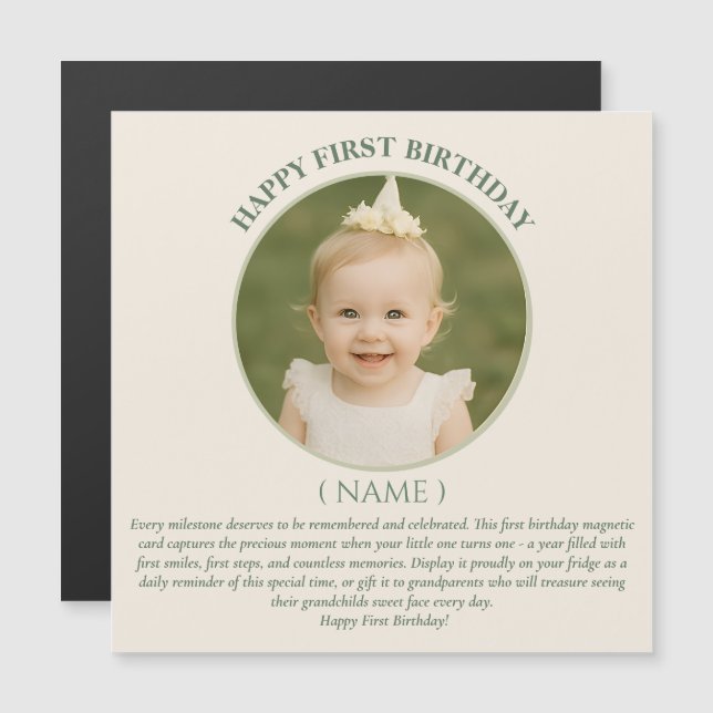 Convite Magnético Custom Photo First Birthday Sage Green Thin Magnet (Frente/Verso)