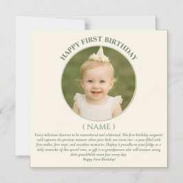 Convite Magnético Custom Photo First Birthday Sage Green Thin Magnet