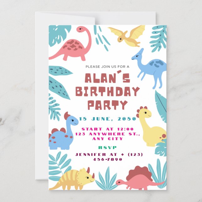 Convite Magnético Cute Dinosaur Birthday Invitation (Frente)