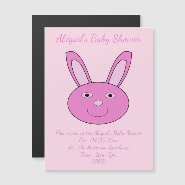 Convite Magnético Cute Pink Baby Girl Bunny Face Spring Easter (Frente/Verso)