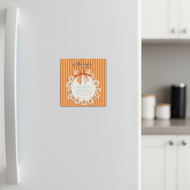 Convite Magnético Daisy Wreath Orange Stripe Birthday Thin Magnetic  (Criador carregado)