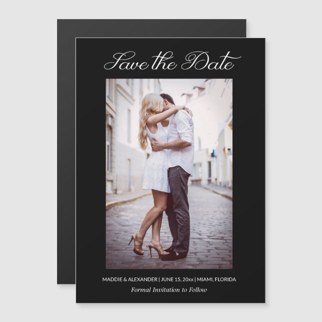 Convite Magnético Data de Salvamento de Foto Preta do Noivado de Cas (Frente/Verso)