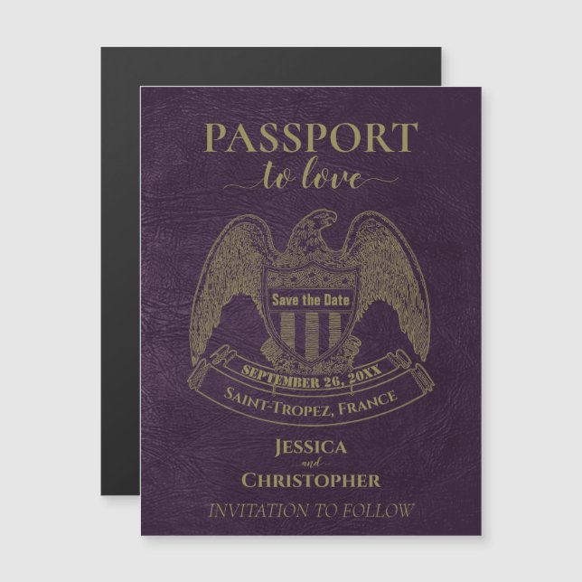 Convite Magnético Destino de Passaporte Roxo Casamento Salvar a Data (Frente/Verso)