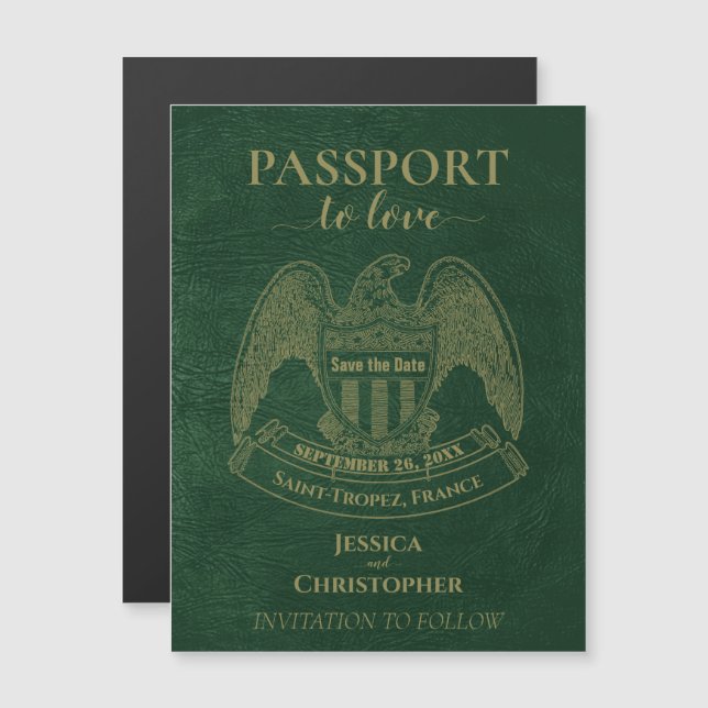 Convite Magnético Destino de Passaporte Verde Casamento Salvar a Dat (Frente/Verso)