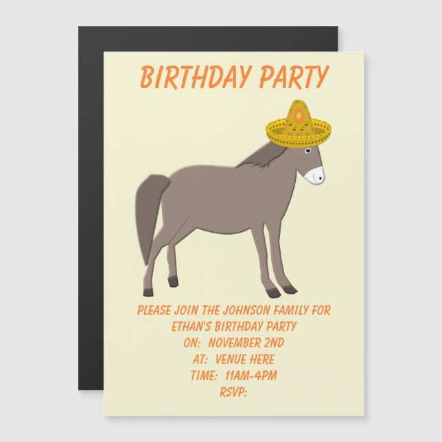 Convite Magnético Dia de Donkey Mexicano do Aniversário Personalizad (Frente/Verso)