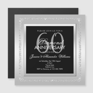 Convite Magnético Diamantes Românticos Prata Aniversário de 60 Anos 