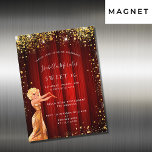 Convite Magnético Doce 16 filme de luxo com glitter de ouro vermelho<br><div class="desc">Um moderno, na moda e glamouroso ímã de convite para uma doce festa de aniversário 16, 16, tema Hollywood. Um fundo vermelho com pó de ouro falso, uma garota vestindo um vestido de ouro. Uma cortina de filme vermelha como fundo O nome é escrito com um moderno script de estilo...</div>