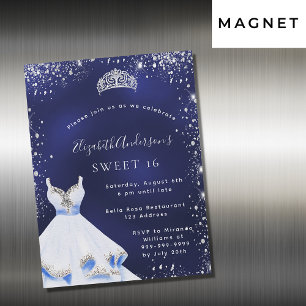 Convite Magnético Doce 16 vestido azul de brilho prateado tiara glam