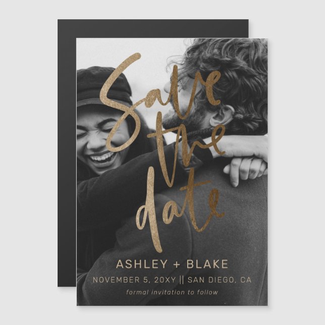 Convite Magnético Dourada caligrafia Foto para salvar a data (Frente/Verso)