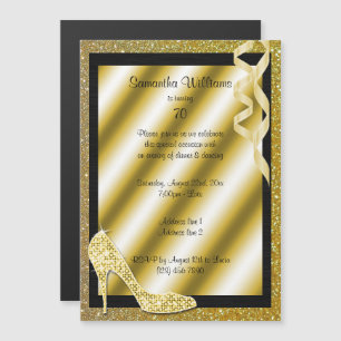 Convite Magnético Dourada Glittery Stiletto & Streamers 70 de Aniver