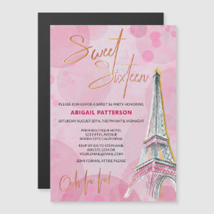 Convite Magnético Doze Anos Rosa Dourado Paris Festa de Aniversário
