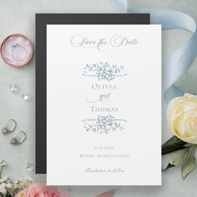 Convite Magnético Dusty Blue Floral Wedding Save the Date (Criador carregado)