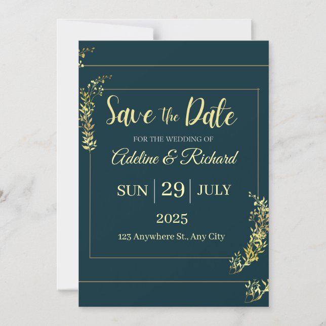 Convite Magnético Elegant Gold Floral Save The Date Card  (Frente)