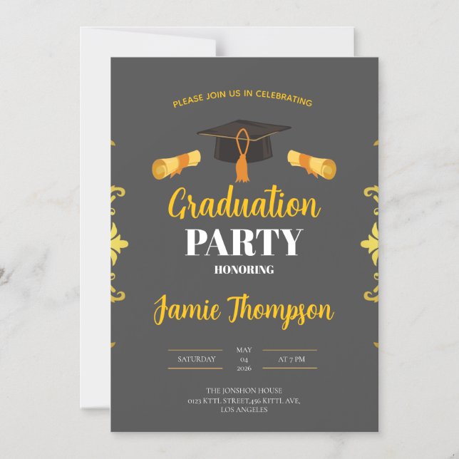 Convite Magnético Elegant Grey & Gold Graduation Party Invitation (Frente)