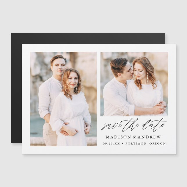 Convite Magnético Elegant Script 2 Foto Save the Date (Frente/Verso)