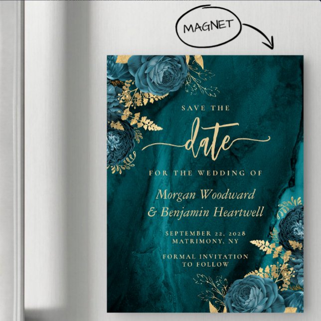 Convite Magnético Elegant Teal Gold Floral Wedding Save the Date (Criador carregado)