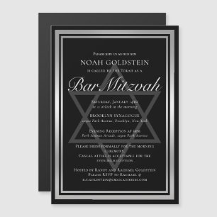 Convite Magnético Elegante Bar Mitzvah Preto Prata Formal